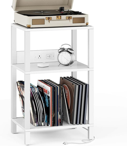 TUTOTAK Record Player Stand with Storage Up to 100 Albums，Record Storage Table,3 Tier End Table with Charging Station,Side Table for Living Room, Bedroom, White TB01BW076