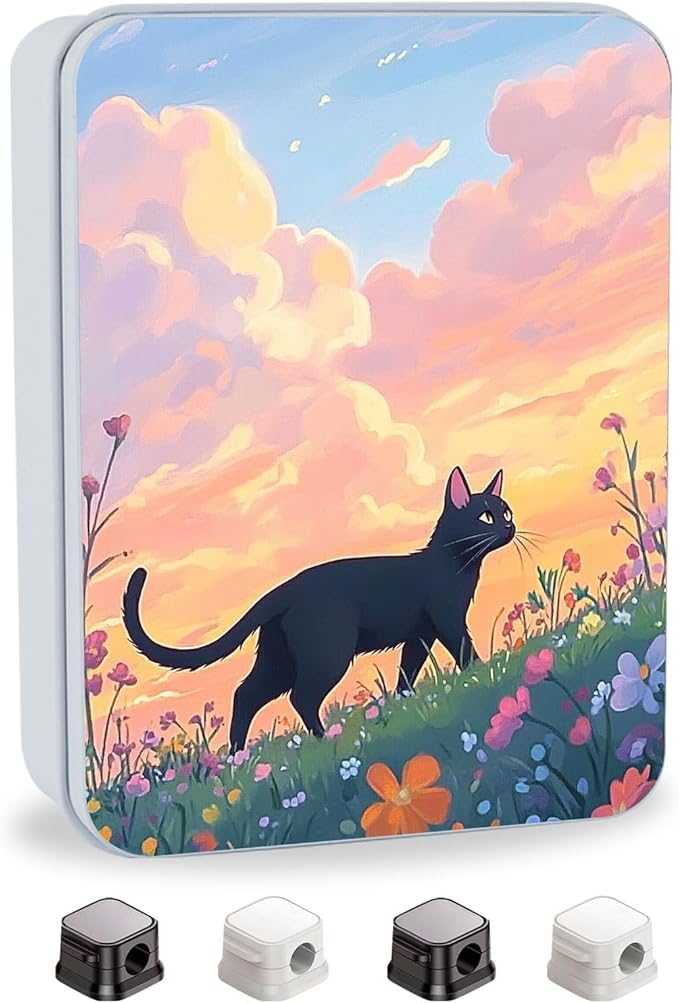 Metal Tin Box with Lid,Multi-functional Storage Box Can Store Tea Biscuits Game Cards, Playing & Tarot Cards-Comes with 4 Magnetic Cord Clips,Black Cat in Flower Field