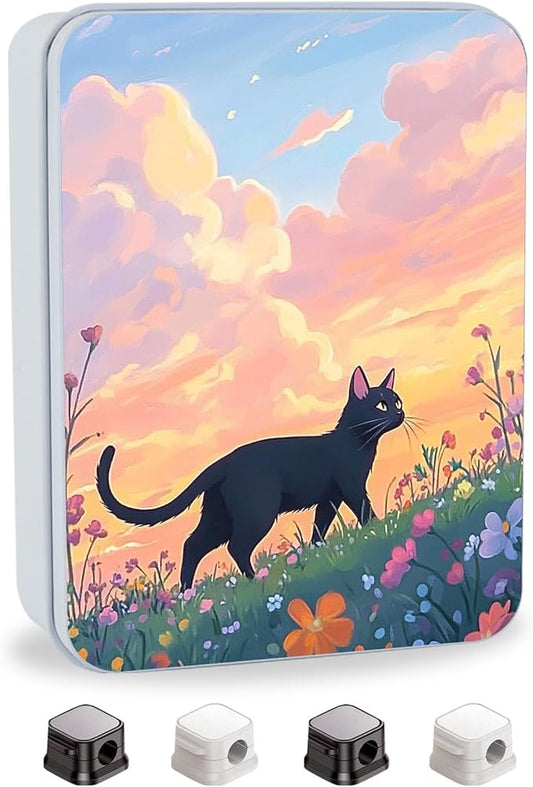 Metal Tin Box with Lid,Multi-functional Storage Large Box Can Store Tea Biscuits Game Cards, Playing & Tarot Cards-Comes with 4 Magnetic Cord Clips,Black Cat in Flower Field