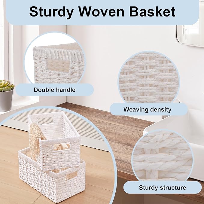 OIAHOMY Wicker Baskets, Paper Rope Storage Baskets for Organizing with Built-in Handles, 2 Packs-White