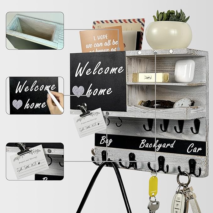 Key Holder for Wall Mounted Keys and Mail Holder Decorative Farmhouse Organizer Wall Hanger with Hooks Small Key Shelf for Home Entryway Hallway Bedroom Decor New Home Gift