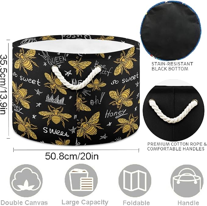 visesunny Storage Basket Golden Honey Bee Animal Nursery Hamper Canvas Fabric Toy Storage Organizer Bin Storage Box Laundry Basket for Kid Rooms,Playroom,Shelves,Toy Basket