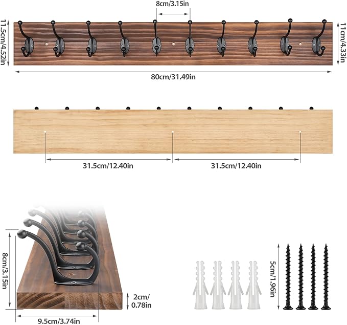 Coat Rack Wall Mounted,Vintage Wooden Coat Hooks for Wall,Heavy Duty 10 Dual Coat Hangers for Hanging Coats, Jacket,Hat,Clothes,Brown