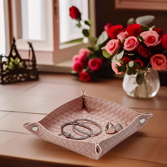 UnionBasic Small Valet Tray, Jewelry Tray for Rings Watches Earrings, Entryway Catchall Caddy for Coins Keys Change, Nightstand Bedside Valet Holder, Trays for Electronic Gadgets, Woven Pink