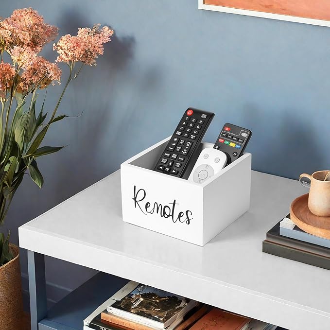 Wood Remote Control Holder, TV Remote Control Organizer for Home Bedroom Table, Multi-Purpose Desktop Storage (White, M,for 3+ Remote Controls)