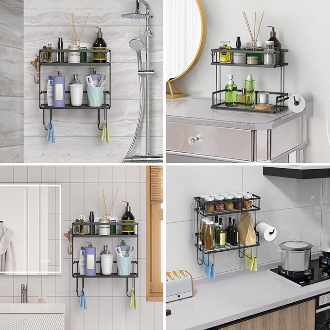 Over The Toilet Storage Shelf, 2-Tier Bathroom Storage Organizer Upgrade Punch-Free Toliet Storage Shelf, Home Storage Rack with Hooks Shelf,Black