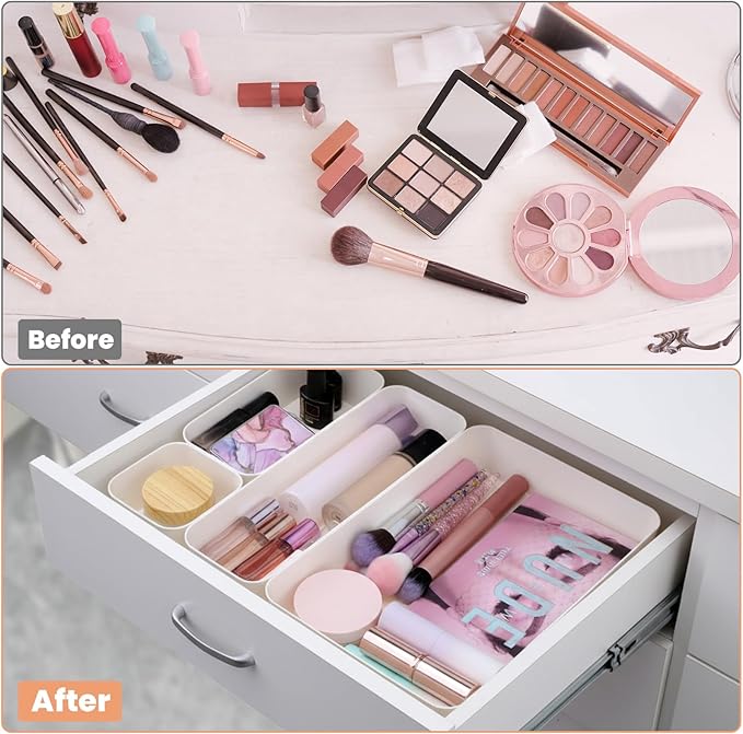 9 Pcs Stackable Drawer Organizer Set, Plastic Storage Trays and Dividers In 4 Sizes for Vanity, Bathroom, Kitchen, Office Desk and Dresser Drawers, Off White