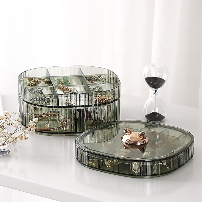 Jewelry Box, 3-Layer Acrylic Jewelry Organizer with Cat Shape Handle, Clear Jewelry Boxes for Women Girls, Make up Organizer, Jewelry Storage Holder (Green, Cat)