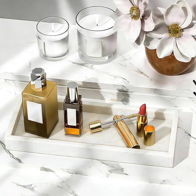 Natural Marble Tray, Stone Tray for Bedroom/Bathroom/Kitchen/Vanity Countertop, Jewelry Tray for Rings Earrings Necklace Bracelet Watch, Room Decor Aesthetic