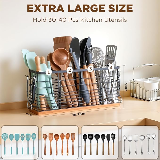 4 Compartments Extra Large Kitchen Utensil Holder with Wooden Base, Metal Organizer for Kitchen Countertop, Matte Black Cooking Utensils Holder with 4 Hooks for Tools Storage