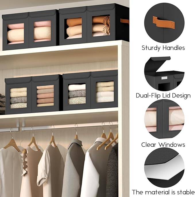 Large Closet Storage Bins - Collapsible Divided Clothes Organizer with Lids & Dual Window, Fabric Organizing Bins for Clothes, Sweater, Bedroom, Office (Black, 3 Pack)
