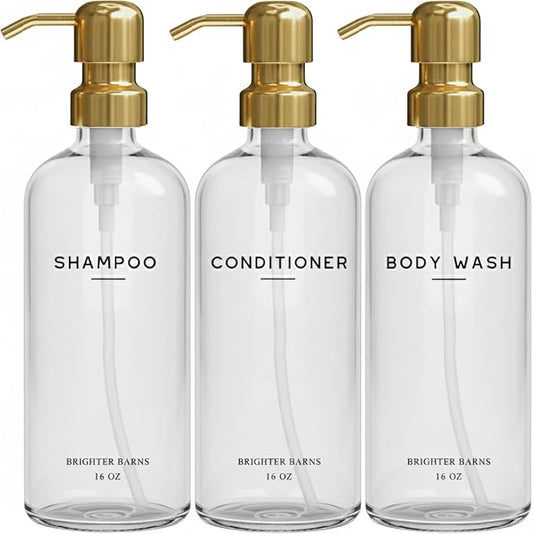 Luxury Shampoo and Conditioner Dispenser Set by Brighter Barns - Shampoo Conditioner Body Wash Dispenser - Refillable Plastic Shower Bottles for Gold Bathroom Decor, Airbnb, Spa, Hotel (Clear/Gold)