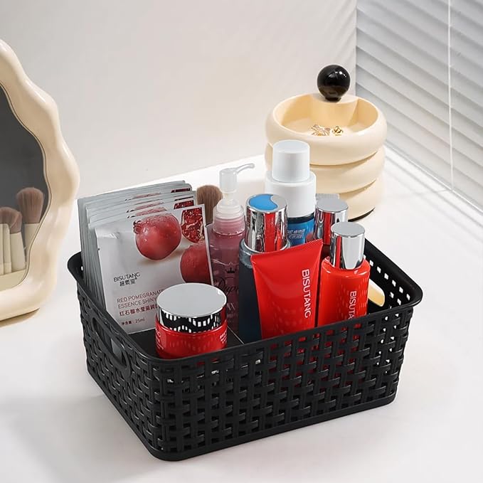 6-Pack Plastic Storage Baskets, Woven Shelf Basket with Cut Out Handle, Pantry, Classroom, Kitchen, Bathroom Organizer Bin, Black