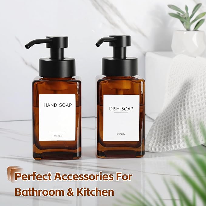 Foam Hand Soap Dispenser, 12oz/350ml Amber Foaming Soap Dispenser Set, 2Pcs Amber Glass Foam Dispenser with Foaming Pump, Labels, Refillable Square Dispenser for Bathroom, Kitchen