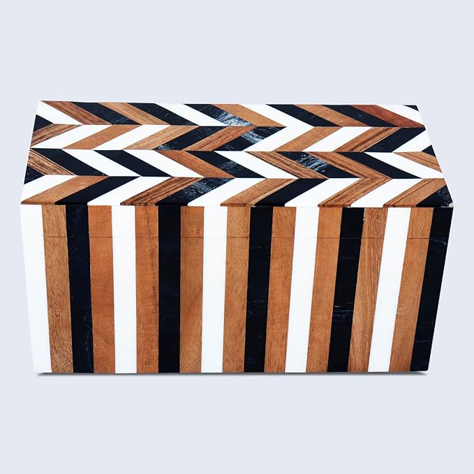 Handicrafts Home Large Decorative Storage Box with Lid Wooden Memory Box Keepsake Storage Box Photo Storage Box – Natural Wood Resin Inlay Marquet Cosmo Collection- 10x5x5