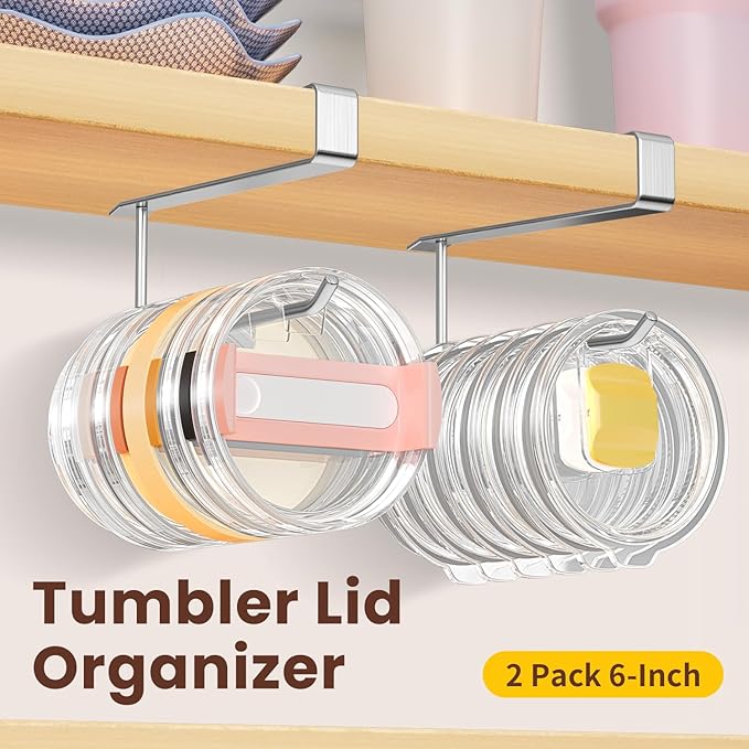 2 Pack Tumbler Lid Organizer, Under Cabinet Cup Lid Holder for Yeti Insulated Mug/Stanley Insulated Mug/Simple Modern Insulated Mug Lid, No Gluing, No Drilling, Up to 10 Lids (Stainless Steel)