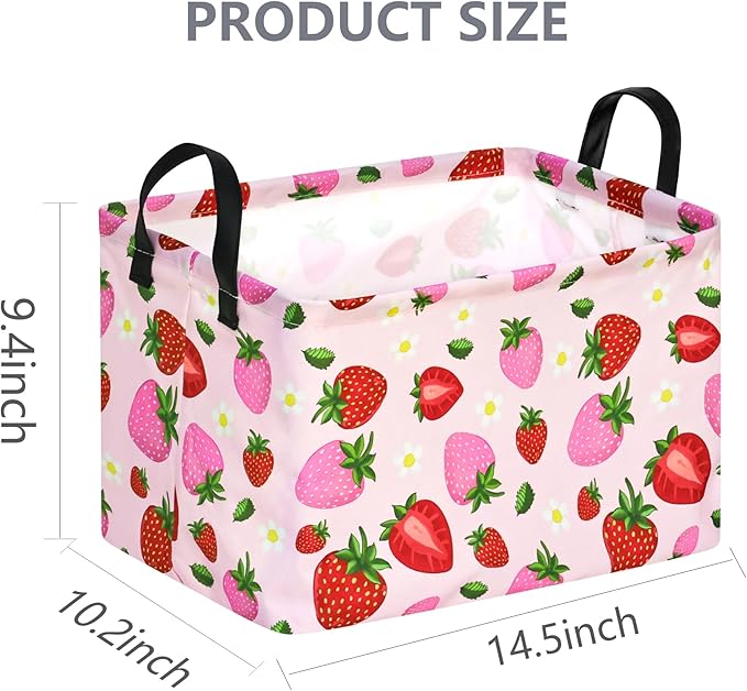 Strawberry Print Storage Box Girls Gifts Basket Clothes Hamper Basket Collapsible Organizer Bin Gift Shelf Baskets for Home and Kitchen Storage.