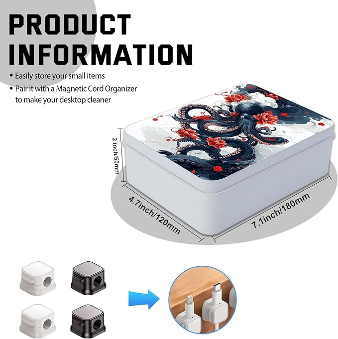 Metal Tin Box with Lid,Multi-functional Storage Large Box Can Store Tea Biscuits Game Cards, Playing & Tarot Cards-Comes with 4 Magnetic Cord Clips,Octopus with Red Flowers