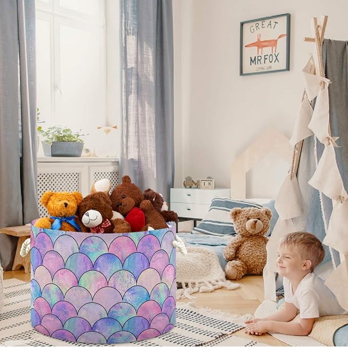visesunny Storage Basket Magic Mermaid Scale Nursery Hamper Basket Clothes Toy Storage Organizer Bin Box Collapsible Laundry Bag for Kid Room,Playroom,Bathroom,Living Room,Dorm,Office