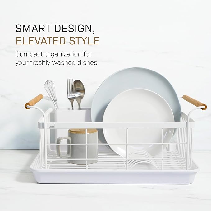 YAMAZAKI Home Dish Drying Rack – Modern White Dish Rack for Kitchen Counter with Removable Drainer Tray and Cutlery Holder, Steel + Wood Dish Drying Organizer - Steel + Wood -