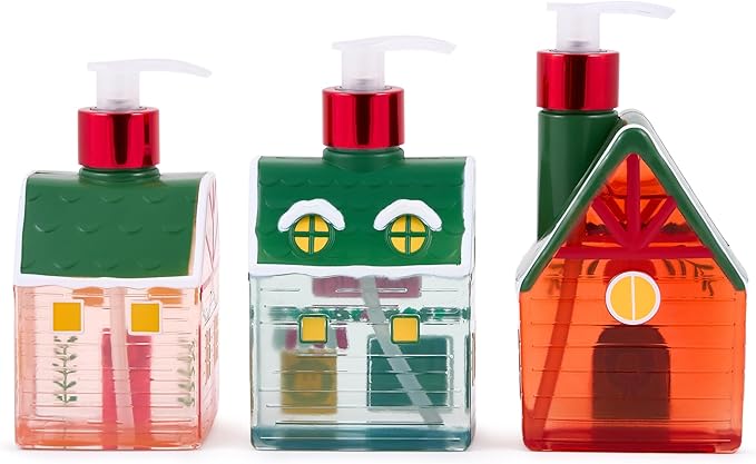 Simple Pleasures Christmas Holiday Village 3 Pack - Frosted Strawberry, Snow Flurries, Peppermint Swirl Scented Decorative Refillable Soap Dispensers for Kitchen Countertops and Bathroom Sinks