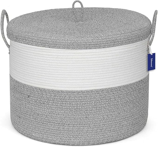 21" x 18" Extra Large storage baskets,Decorative blanket basket with lid for Living room,rope baskets with lid,wicker hamper for bedroom,Big,Round,White & Grey 115L