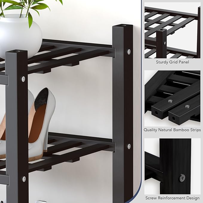 Haddockway Small 6 Tier Bamboo Shoe Rack Storage Organizer,Multifunctional Free Standing Stackable Shoe Shelf with Grid Panel for Closet,Hallway,Entryway,Small Space 18"x11"x34"