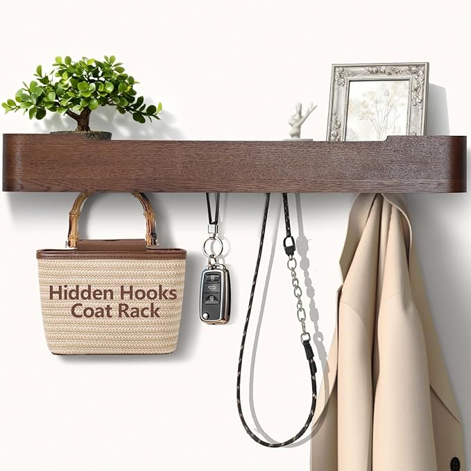 Coat Rack Wall Mount with Shelf 8 Hidden Hooks Modern Wooden Key Holder Entryway Organizer for Hallway Bedroom Bathroom Home Decor Storage for Hanging Coats Hats Bags Towels, Walnut