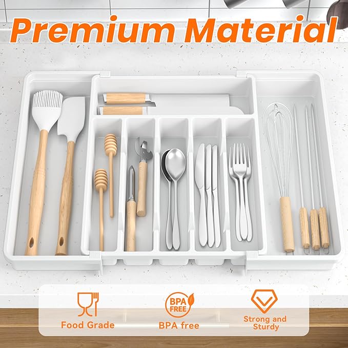 Large Silverware Organizer,Expandable Utensil Drawer Organizer,BPA Free Utensil Holder,Adjustable Silverware Tray Cutlery Drawer Organizer for Kitchen Flatware,Large,White,2 Pack