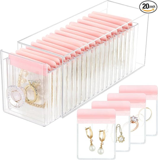 Clear Acrylic Jewelry Organizer Box with 20 Portable Pouches, Jewelry Storage Case for Women Girls, Tangle-Free, Anti-Tarnish, Compact Storage for Necklaces/Earrings/Rings, Upgraded Pink