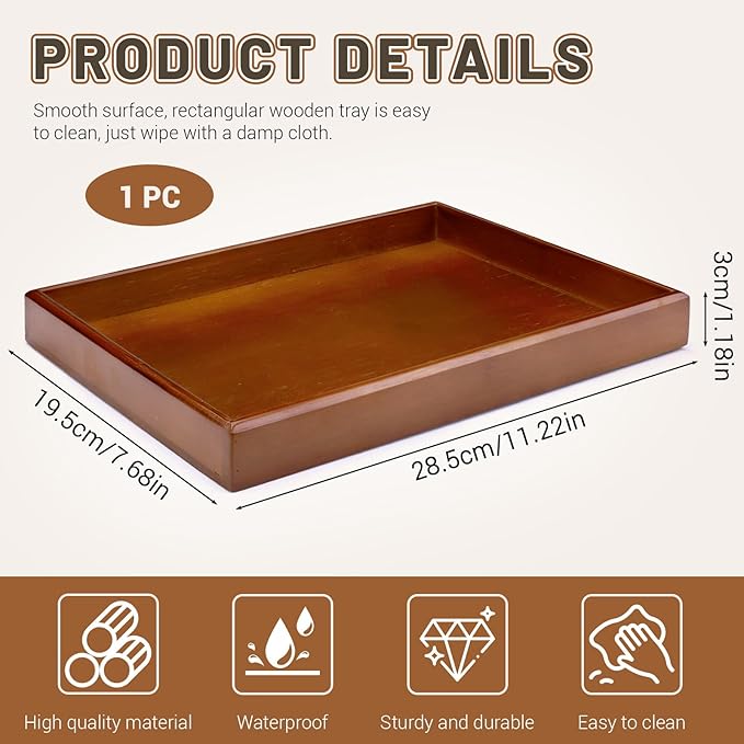 Rectangle Wood Bathroom Tray, 11.4" x 7.8" Wooden Serving Platter, Decorative Ottoman Tray Organizer for Counter Vanity Kitchen Decor Table Party
