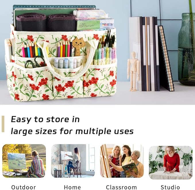E-WEICHEN Craft Organizer Tote Bag Art Storage Caddy with Multiple Pockets Containers for Art,Craft,and Office Supplies Storage.Red Flower