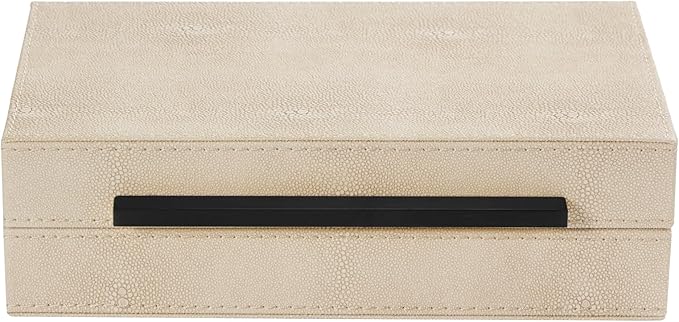 Sagala Ivory Shagreen Decorative Box with Black Handle, PU Faux Leather Keepsake and Memory Box, Exquisite Storage Box With Lids for Modern Home Decor, Jewelry Box Organizer (Ivory-Black, 1pack)