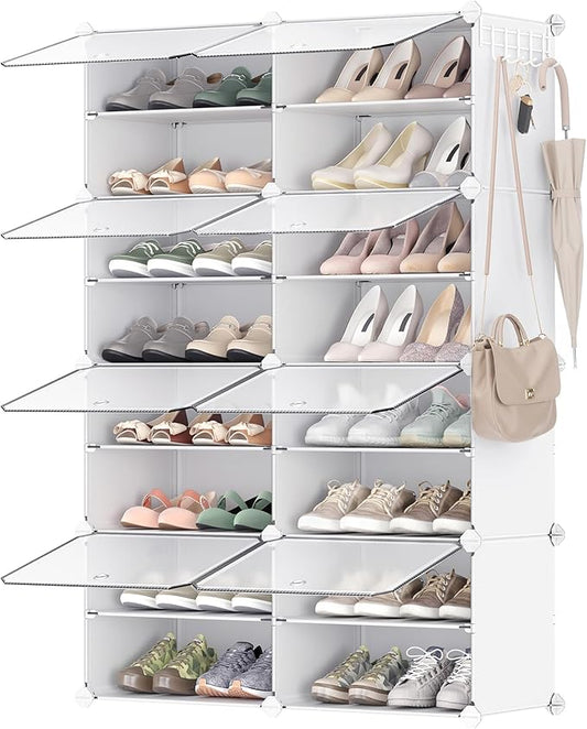 SONGMICS Shoe Rack Organizer, 8-Tier Shoe Storage Cabinet for Closet and Entryway, Holds 32 Pairs of Shoes, Adjustable, Cloud White and Trasparent ULPC034W01