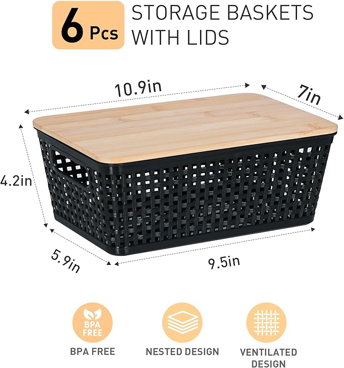 Storage Bins with Lids 6 Packs, Plastic Storage Bins with Bamboo Lids for Pantry Organization and Storage Containers for Shelves Drawers Desktop Closet Office Home, Black