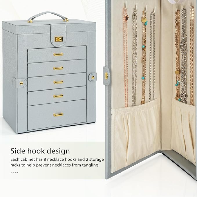 AKOZLIN Large Jewelry Box Organizer Functional with Big Mirror, Leather Jewelry Storage Case for Women Girls Ring Necklace Earring Bracelet Holder Organizer Grey