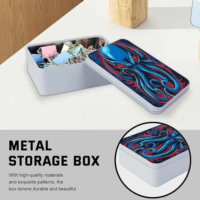 Metal Tin Box with Lid,Multi-functional Storage Large Box Can Store Tea Biscuits Game Cards, Playing & Tarot Cards-Comes with 4 Magnetic Cord Clips,Blue Cthulhu Skull
