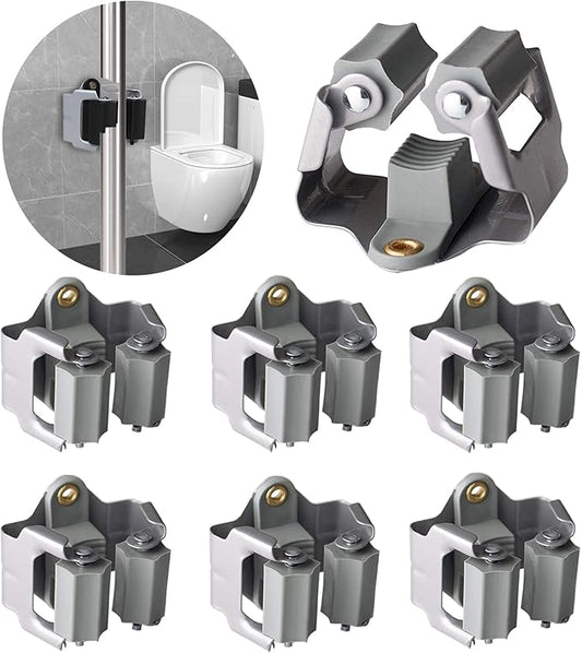 3-H Mop and Broom Holder Wall Mount 6 Pack, Broom Holder for Garage Garden Shed Storage System Laundry Room Home Kitchen Organization up to 1.45 Inch(Grey)