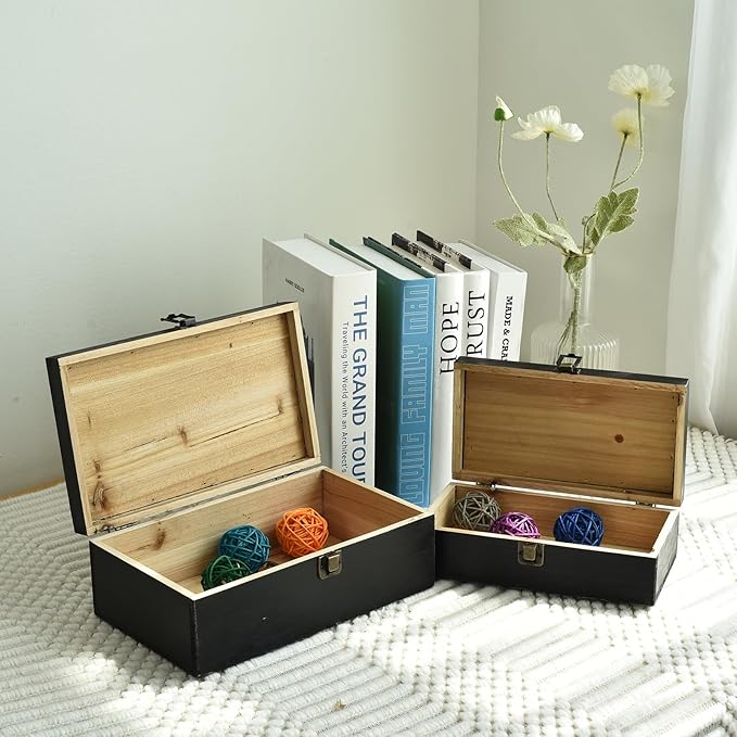 Decorative Storage Boxes with Hinged Lid, 2 Pcs Memory Box for Keepsakes, Wooden Treasure Chest Box, Large Vintage Craft Box Trunk Basket for Men, Kids, Jewelry, (Linen Lid, Black)