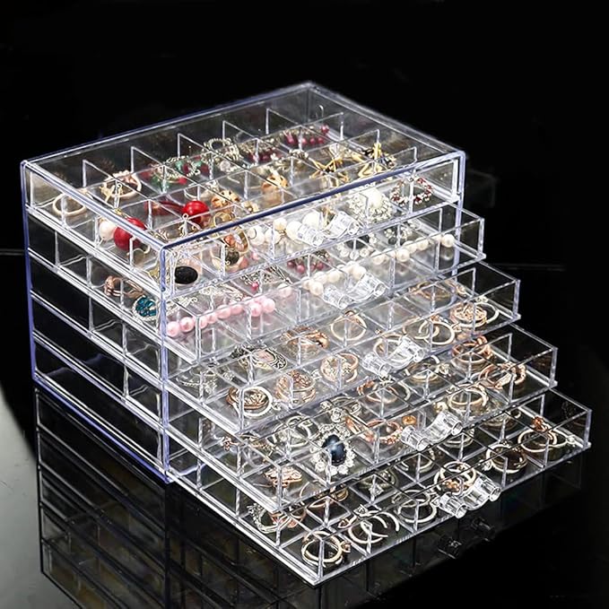 Earring Storage Box Organizer, Acrylic Jewelry Storage Box Holder 5 Drawers Transparent Jewelry Display Stand with 120 Small Compartments Gift Boxes for Women Girls (Clear)
