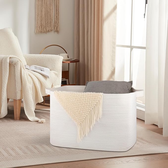 118L Extra Large Blanket Basket, 24.8"x17.7"x16.2" Woven Rope Baskets for Storage, Nursery Blanket Storage for Living Room, Toy Basket with Handle Organizing Comforter Cushions Pillows, White