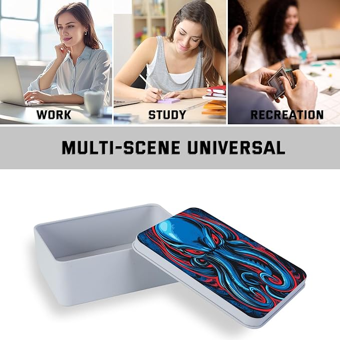 Metal Tin Box with Lid,Multi-functional Storage Large Box Can Store Tea Biscuits Game Cards, Playing & Tarot Cards-Comes with 4 Magnetic Cord Clips,Blue Cthulhu Skull