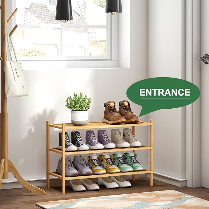 3-Tier Shoe Rack for Closet, Bamboo Wood Shoe Rack for Indoor & Outdoor, Stackable Shoe Organizer for Entryway (Natural, 3-Tier)