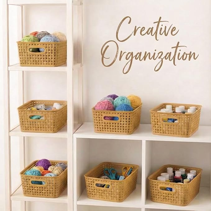 Khaki Stackable Storage Baskets, Plastic Weave Basket Organizer and Storage Set of 12, Pantry Organizing Baskets for Shelves, Kitchens, Bathrooms, Classrooms, Cabinets and Bedrooms