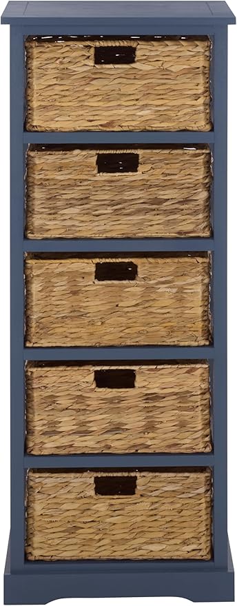 SAFAVIEH Home Collection â Vedette Blue 5-Basket Storage Tower, Natural Rattan Accent Design, Fully Assembled (AMH5739H)