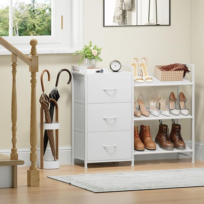 Somdot Shoe Rack, 3 Tier Shoe Organizer with 3 Drawers, Metal Shoe Storage Shelf for 6-9 Pairs of Shoes, Narrow Shoe Rack for entryway, White Leather