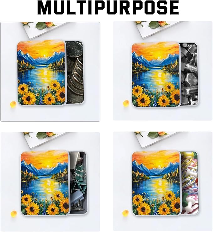Metal Tin Box with Lid,Multi-functional Storage Box Can Store Tea Biscuits Game Cards, Playing & Tarot Cards-Comes with 4 Magnetic Cord Clips,Sunset Mountain Lake