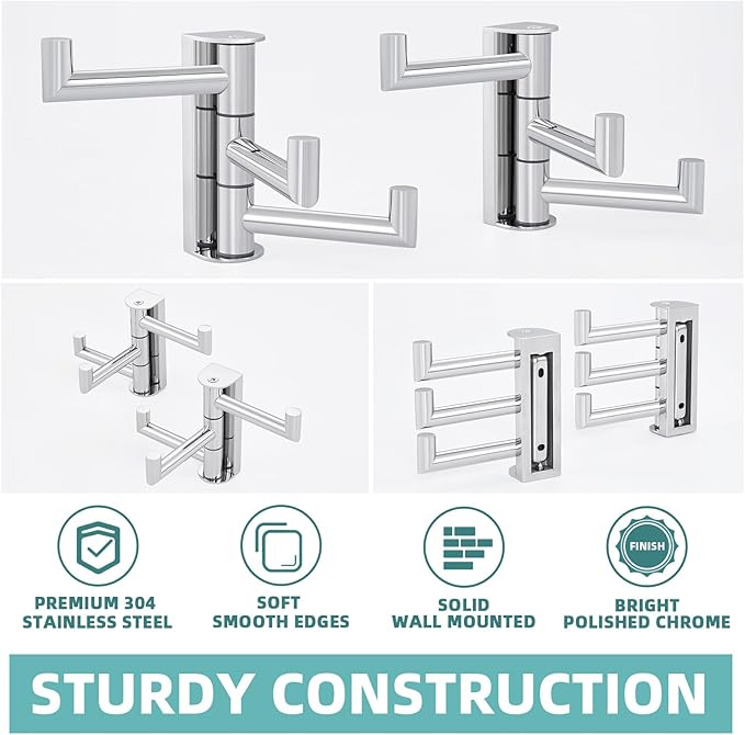APLusee Polished Chrome Swivel Towel Hook 2 Pack, 304 Stainless Steel Coat Hook with 3 Arms, Wall Mounted