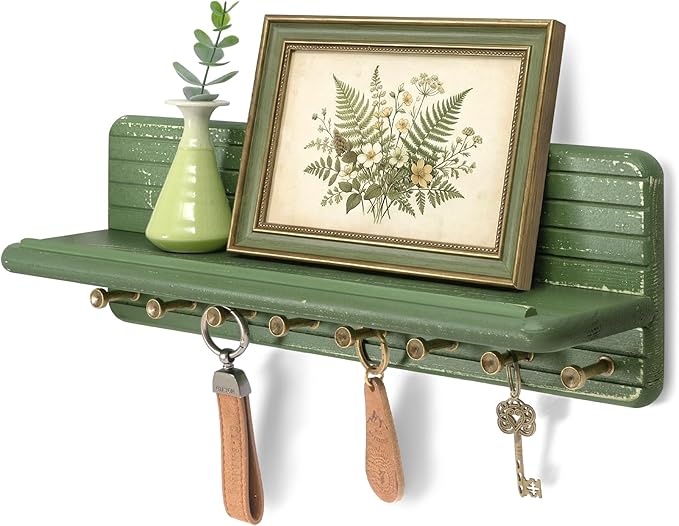 Rebee Vision Pine Wood Key Holder Wall Mount – Modern Farmhouse Key Holder for Wall with Floating Shelf – Rustic Decorative Bag Hooks for Entryway, Bathroom, Kitchen, and Living Room Decor (Green)