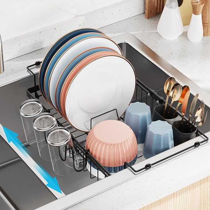 iSPECLE Expandable in Sink Dish Drying Rack with Cup Holder - Rust Resistant Adjustable Over The Sink Dish Drainer with Tightening Knob, Arms with Non Slip Rubber, Fits Sink 12.4"-17.1", Black